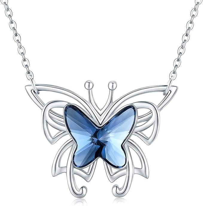 女式蝴蝶项链 925 银凯尔特蝴蝶吊坠蓝色水晶项链珠宝蝴蝶礼物 送给女